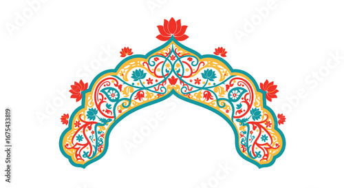 Ornate Indian floral arch with red lotus flowers and intricate paisley patterns in red, teal, and yellow.