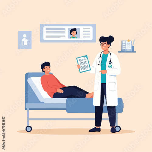 A cheerful female doctor explains medical records to a smiling male patient resting comfortably in a hospital bed.