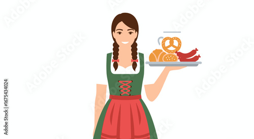 Smiling German woman in a traditional dirndl holding a tray with pretzels and sausages.