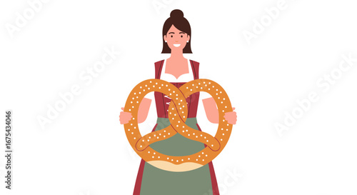 Smiling woman in a traditional red dirndl holding a giant salted pretzel.