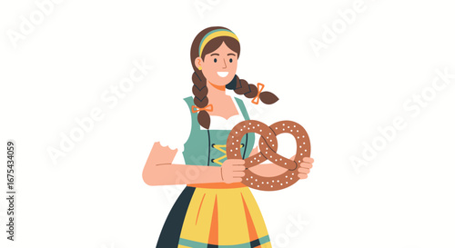Smiling woman with braided hair in a traditional German dirndl holding a large pretzel.