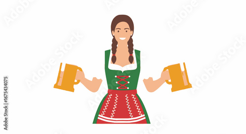 Smiling woman with braided hair in a traditional green dirndl holding two beer mugs.