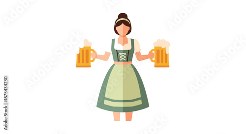 Stylized illustration of a Bavarian woman in a green dirndl holding two frothy beer mugs.