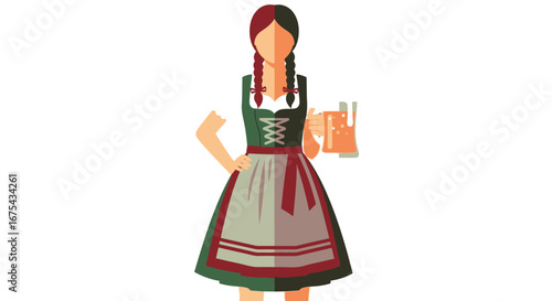 Stylized illustration of a woman in a traditional green dirndl with braided hair holding beer.