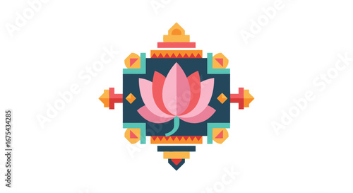 Stylized pink lotus flower in a colorful, symmetrical, geometric ornamental frame.