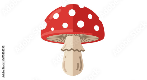 Stylized red fly agaric mushroom with white spots and a bitten cap, flat vector illustration.