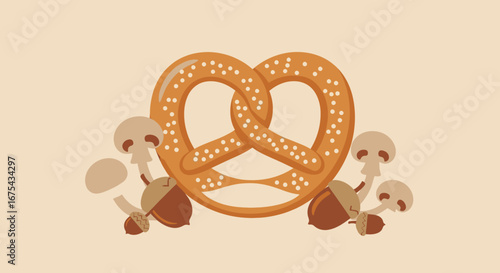 Stylized pretzel illustration with mushrooms and acorns, flat design, autumn food concept