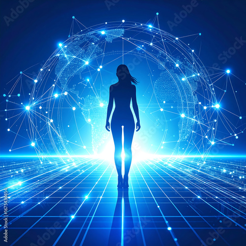 Woman standing in digital network future illustration