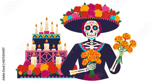 Vibrant Catrina skeleton in floral hat holding marigolds, standing by a candle-lit altar