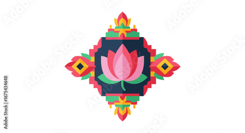 Vibrant Pink Lotus Flower in Geometric Floral Ornament
