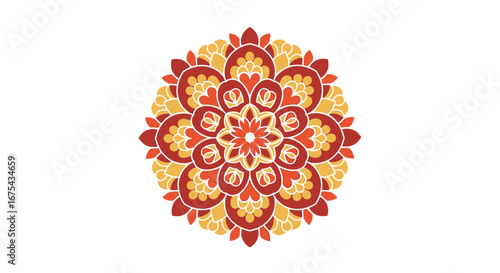 Vibrant red, orange, and yellow floral mandala with a symmetrical, layered petal design.