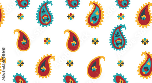 Vibrant red, teal, and gold paisley pattern with ornate teardrop shapes and small star motifs, a decorative textile design.