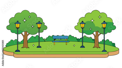 night park with glowing lamps on white background.eps