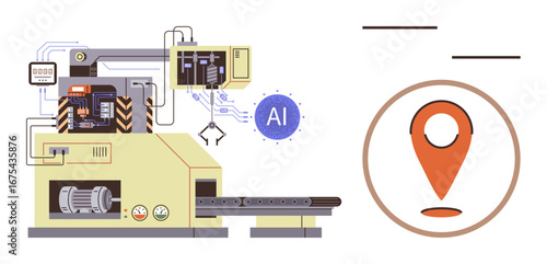 Automated production setup with robotic arm, AI interface, and geolocation marker. Ideal for technology, manufacturing, AI, automation robotics industry 4.0 innovation. Simple flat metaphor