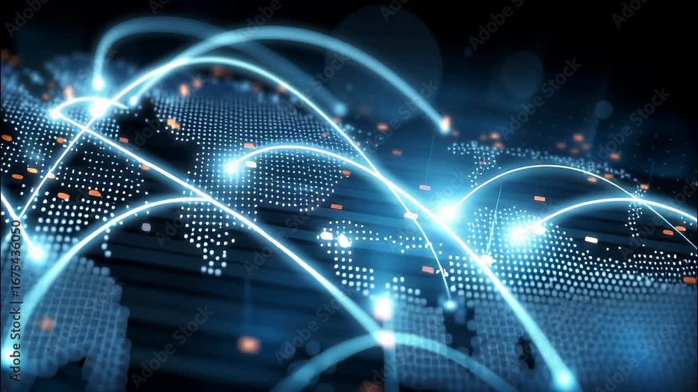 Glowing network lines interconnecting global continents, representing worldwide digital communication and data sharing infrastructure video 4k