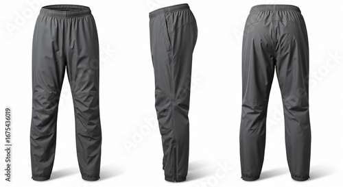 Three views of gray technical outdoor pants with elastic waist isolated on a white background.