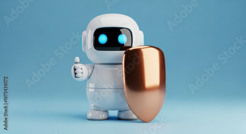 Cute white robotic figure with glowing blue eyes holding a metallic shield and giving a thumbs up on a clean blue background