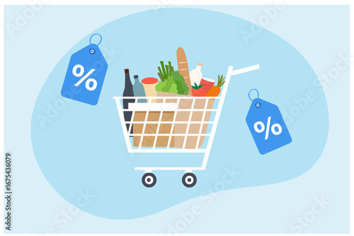 Shopping cart with grocery bags for online shopping, big sale and discount labels vector illustration
