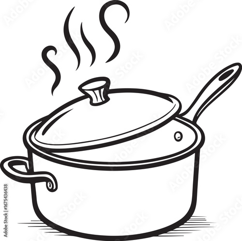 Boiling Cooking Pan in Kitchen Vector Illustration, Sketch Drawing Line Linear Symbol Icon Engraving Coloring Book, Hand-drawn Black and White Isolated