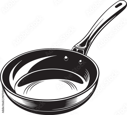 Black Frying Pan for Cooking Kitchenware Vector Illustration, Sketch Drawing Line Linear Symbol Icon Engraving Coloring Book, Hand-drawn Black and White Isolated