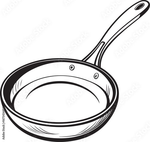 Frying Pan for Cooking Kitchen Vector Illustration, Sketch Drawing Line Linear Symbol Icon Engraving Coloring Book, Hand-drawn Black and White Isolated