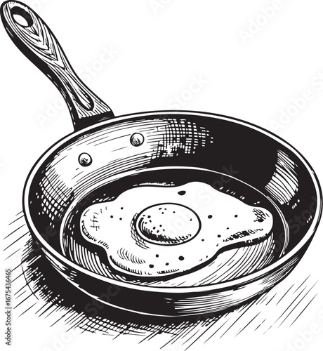 Fried Egg Sunny Side Up on Frying Pan for Breakfast Vector Illustration, Sketch Drawing Line Linear Symbol Icon Engraving Coloring Book, Hand-drawn Black and White Isolated