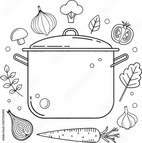 Cooking Pot with Soup or Stew Ingredients Vector Illustration, Sketch Drawing Line Linear Symbol Icon Engraving Coloring Book, Hand-drawn Black and White Isolated