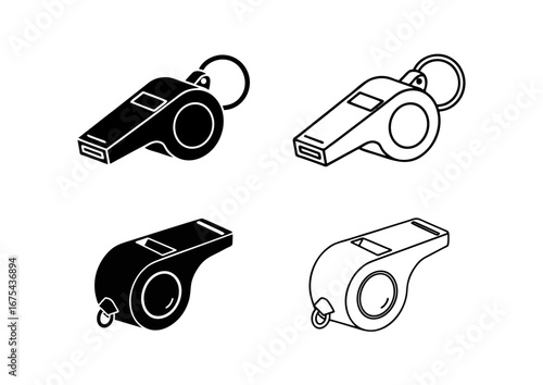 Black Vector Referee Whistle Icon for Football Soccer in Solid Silhouette and Minimal Line Art Outline Simple Clean Scalable Sports Symbol Graphic Design for Match Control