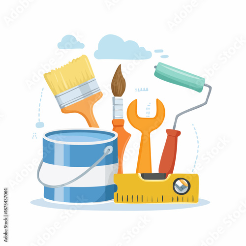 Painting tools elements vector set in cartoon style.