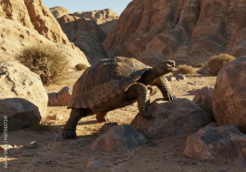 A hyper-realistic giant tortoise making its way across a sunlit, rocky desert terrain, a concept of survival and endurance