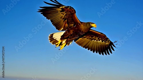 Majestic eagle flying with wings spread and talons out, preparing to hunt. Large bird of prey soaring over vast landscape. Wildlife, freedom, power, nature, predator, survival, strength.