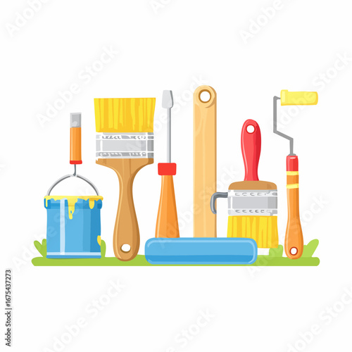 Painting tools elements vector set in cartoon style.