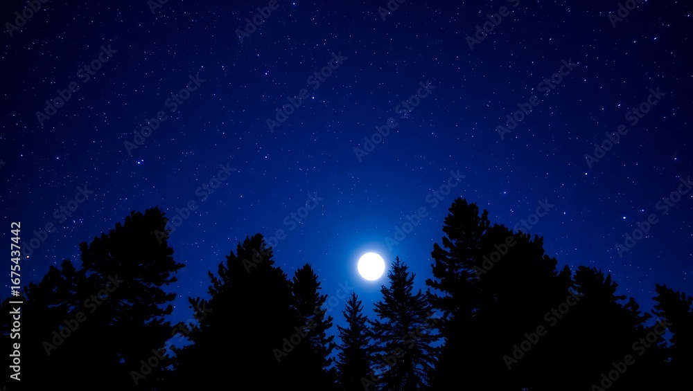 Naklejka premium Tourisms a night scene featuring a bright full moon shining above silhouetted trees under a starry dark blue sky
