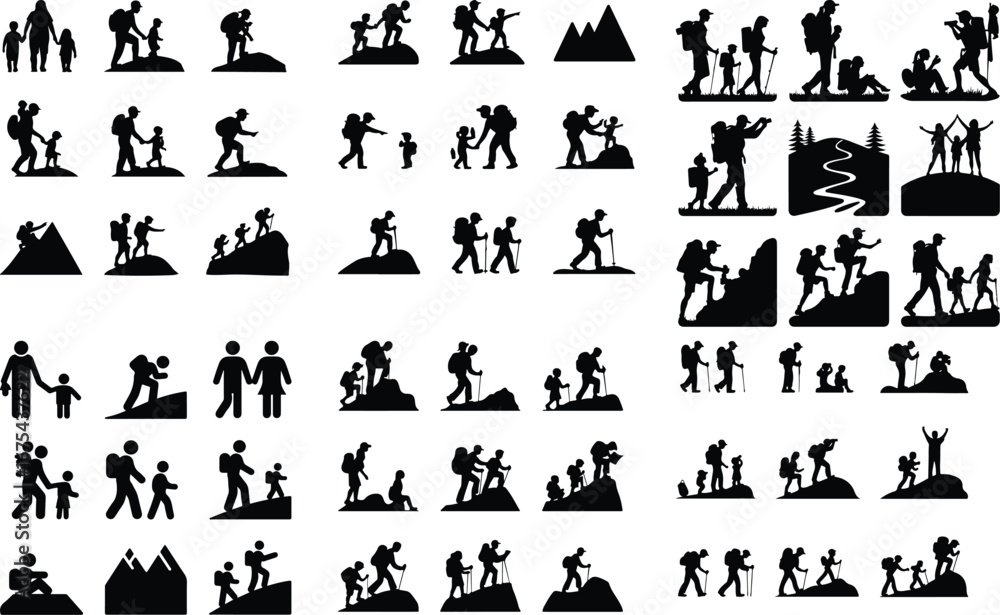 Naklejka premium Families Hiking Together Silhouette Vector Icon Design Family Adventure Outdoors – Hiking Silhouette Icon Set