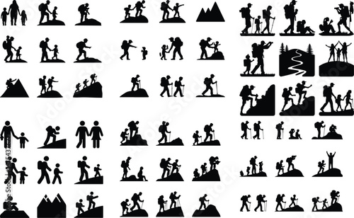 Families Hiking Together Silhouette Vector Icon Design Family Adventure Outdoors – Hiking Silhouette Icon Set