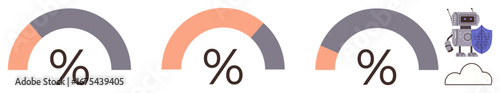 Three semicircular progress bars with percentages in each, shading in orange and gray segments. Right icon features robot holding shield above cloud. Ideal for security, technology, data, progress