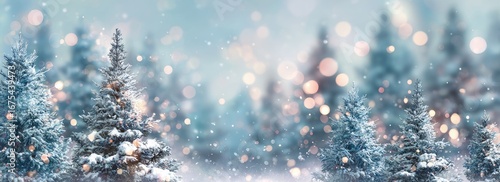 Snowy winter forest with soft, glowing lights