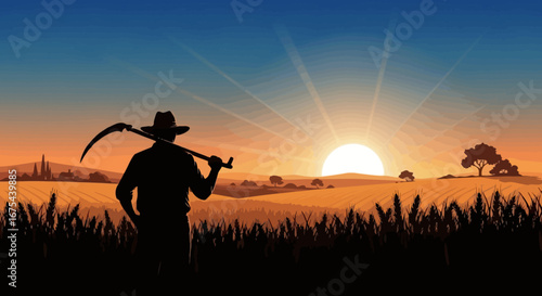 Silhouette of a farmer with a scythe at sunset in a rural landscape