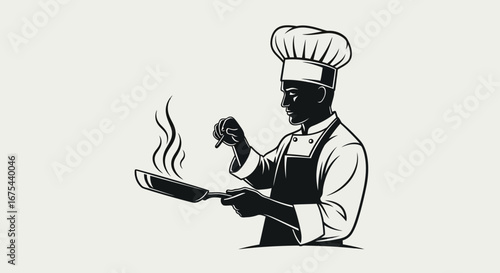 Illustration of a chef cooking with a frying pan and seasonings in a simple black and white style.