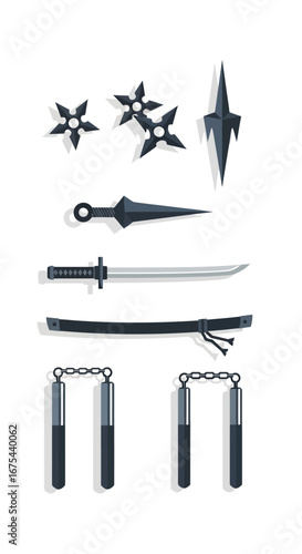 Illustration of various ninja weapons including shuriken, throwing knife, dagger, sword and nunchucks on a white background.