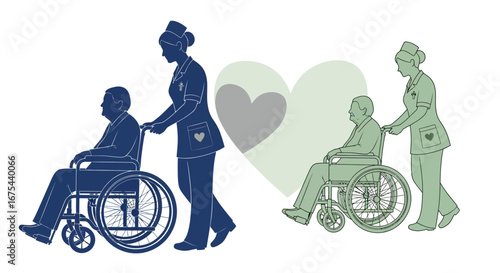 Silhouette illustration of nurses assisting elderly patients in wheelchairs with a heart symbol in the background.