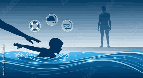 Illustration of a child swimming with a helping hand and sports icons in the background.