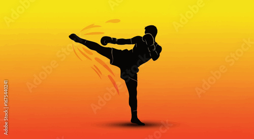 Silhouette of a person kicking in a martial arts pose against a vibrant orange and yellow gradient background.