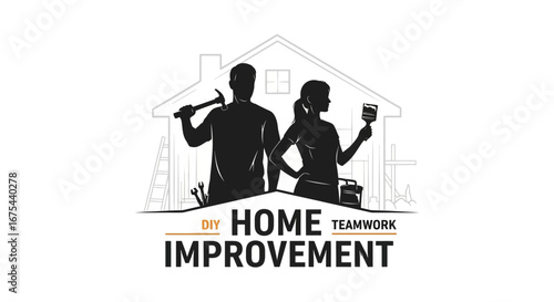 Black and white logo of a man and woman with tools in front of a house for DIY home improvement