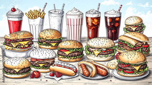 Hand drawn traditional American diner food set with burgers, fries, hot dogs, milkshakes, and soda