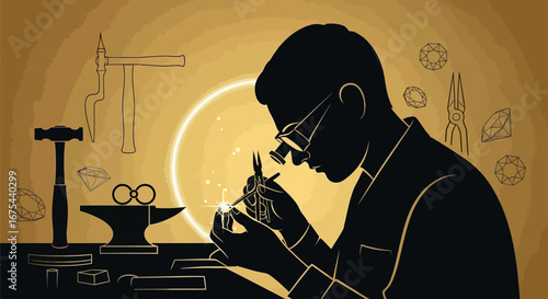 Silhouette of a craftsman working on a piece with tools and equipment in a warmly lit workshop