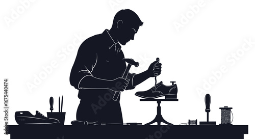 Silhouette of a shoemaker applying polish to a shoe on a stand with various tools on a workbench