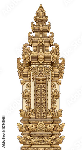 Intricately carved golden Balinese temple gate against white background