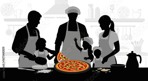 Silhouette of a family making pizza together in a kitchen