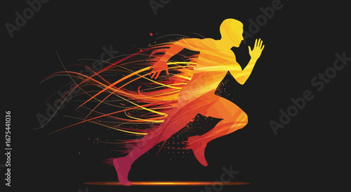 Motion blur illustration of a runner in orange and yellow hues on a dark background